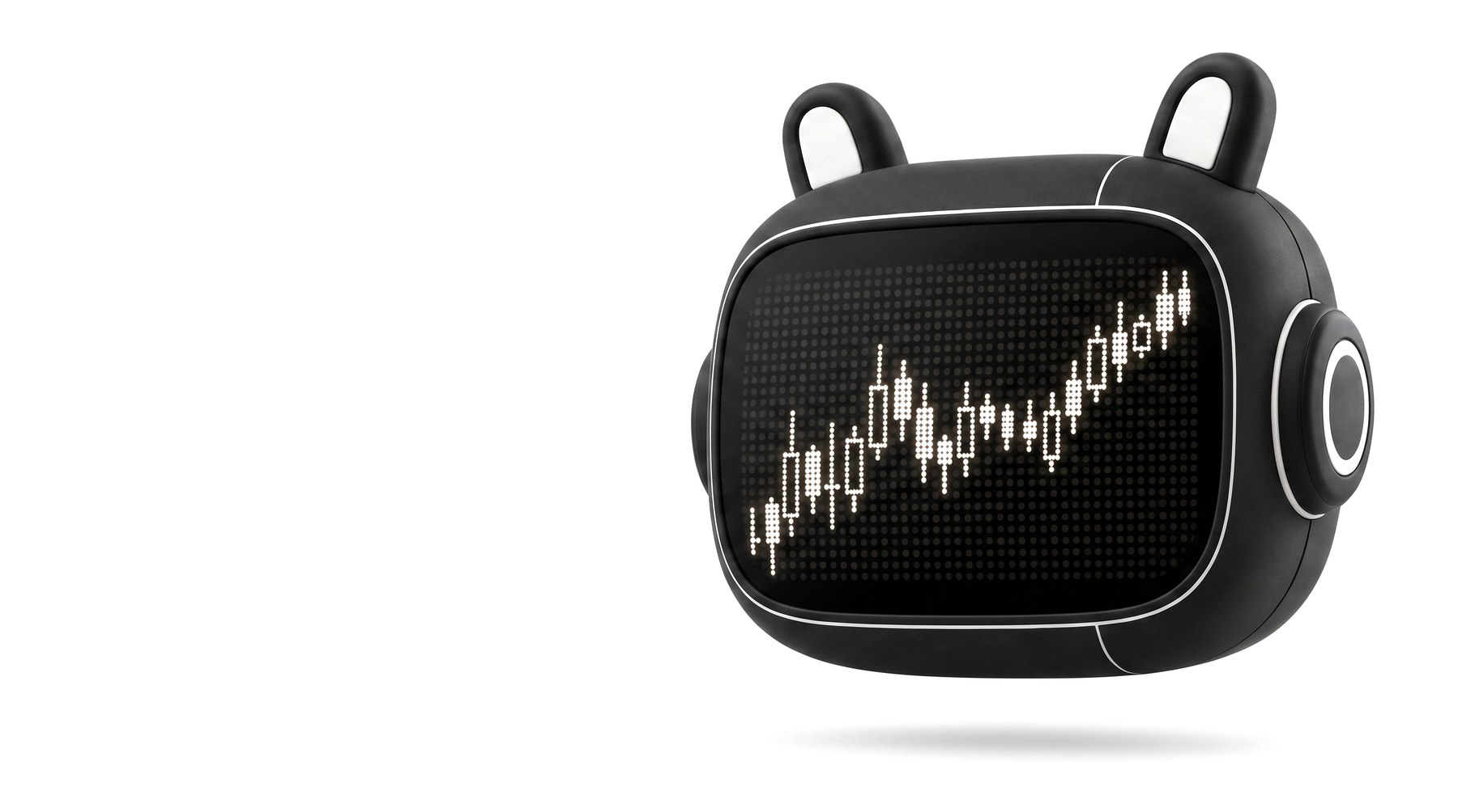 The Deputy device: a matte black robot head whose dot-matrix display shows a candlestick chart